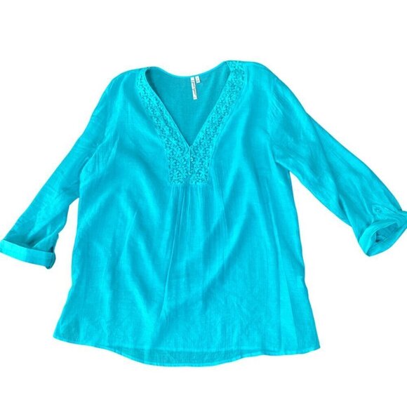 Grande & Greene Tunic Top Lace Button Accents L Turquoise #317G - Picture 2 of 8